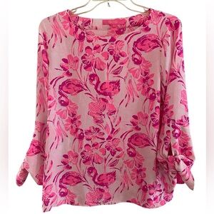 Lilly Pulitzer Langston blouse coral reef flamingos pink bow tie sleeves Small
